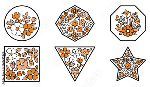 A collection of six distinct geometric shapes filled with intricate and decorative floral designs