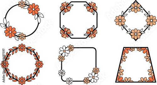 A collection of six decorative floral frames with various geometric shapes and flower designs