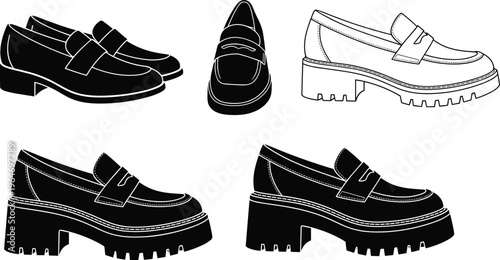 Loafer shoes vector set. Classic and chunky sole styles in line and solid design. Fashion footwear collection for casual wear, modern trends, and apparel graphics.