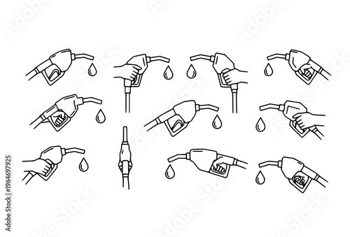 Minimal fuel nozzle and hand icons with dripping gasoline drop in editable stroke linear vector style for energy themes