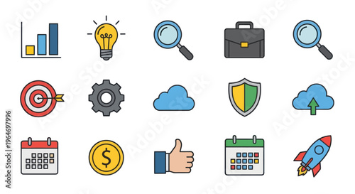Business Icons: Growth, Idea, Search, Security, Cloud, Finance, Success
