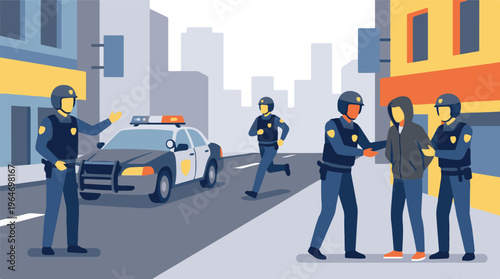 Police officers apprehending a suspect on an urban street with patrol car