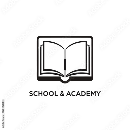 Black and white open book illustration for school academy and educational publishing company logos.