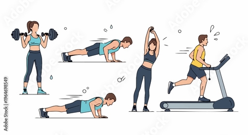 Diverse Fitness Activities - Weightlifting, Push-ups, Stretching, and Treadmill.