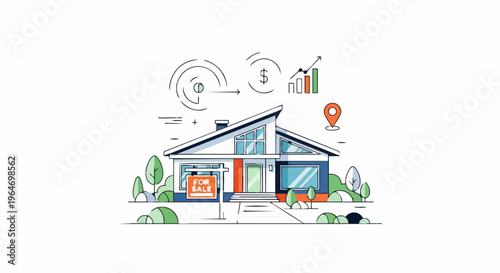 Modern Home Illustration with Real Estate Market Indicators.