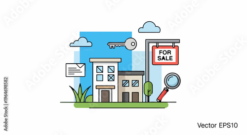 Real Estate Illustration - Houses, Key, and For Sale Sign.