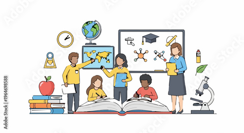 Diverse students learning with teachers in a classroom setting, surrounded by educational tools and resources.