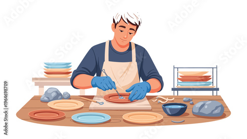 Craftsman's Workshop: A skilled craftsman, meticulously engaged in his craft, delicately works on a piece of pottery, showcasing the dedication and precision of artisan work. 