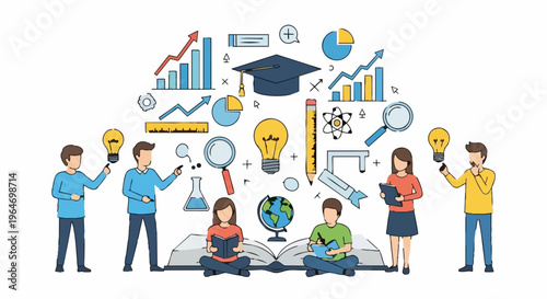 Diverse Education Elements - Students, Books, and Academic Symbols for Learning.