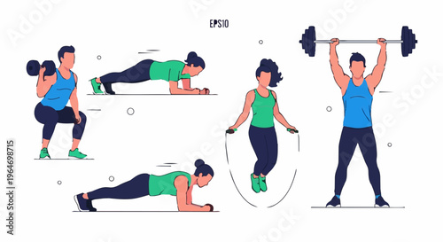 Diverse Fitness Regimen - Squats, Planks, Jump Rope, and Weightlifting.