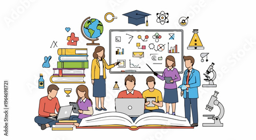 Diverse classroom scene with teachers, students, and educational symbols.