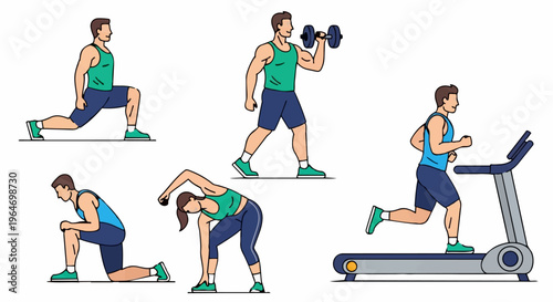 Diverse Fitness Routine - Lunges, Weights, Treadmill, and Stretching.