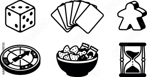 Black and white board game icons dice cards meeple compass snacks hourglass line art