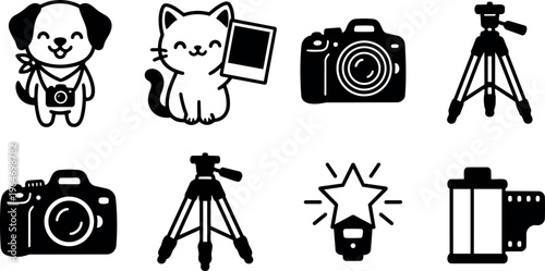 Cute dog with camera cat holding photo camera tripod and film vector icons