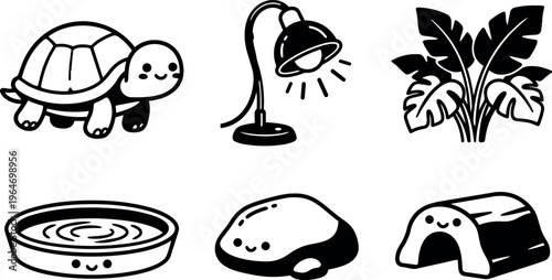 Black and white cute turtle lamp plant rock and pond line art