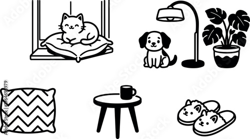 Black and white line art cat on cushion puppy lamp and houseplant cozy slippers