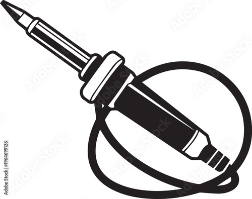 A close up view of a black and white image of a soldering iron with its tip pointing to the upper left corner