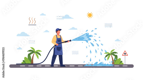 Cleaning the Street: A diligent worker wields a high-pressure hose, creating a dynamic spray of water to clean a road, a testament to order and sanitation. 