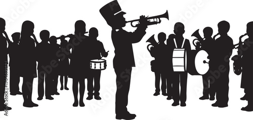 Silhouette of a marching band playing instruments on a white background