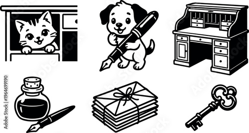 Kitten in drawer puppy holding pen vintage desk ink bottle stack of letters and key