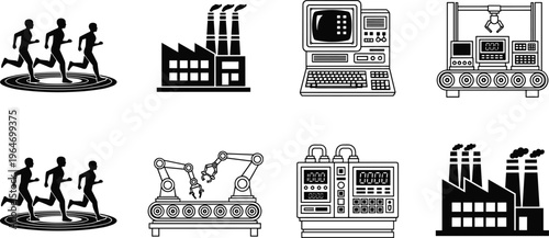 Industrial automation and manufacturing icons set featuring factory, robotic arms, conveyor systems, vintage computer technology, and running human silhouettes in modern flat vector illustration