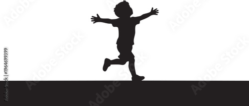 Joyful Silhouette of a Child Running Free with Open Arms, Expressing Happiness and Playfulness on a Bright Day