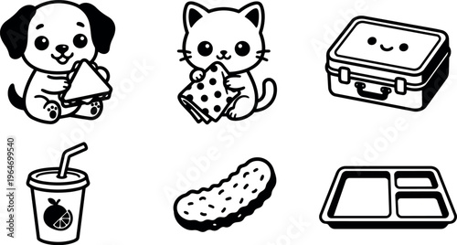 Puppy and kitten with snacks and lunchbox icons