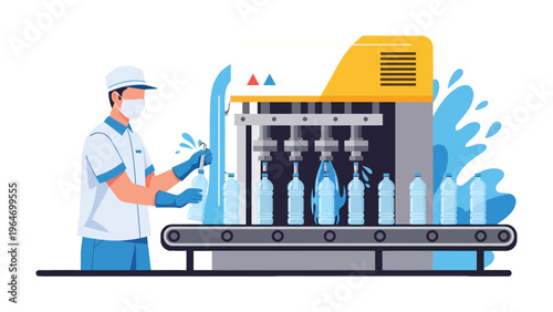 Bottling Process Automation: A worker supervises a modern bottling machine, meticulously filling clear bottles with pure water on an automated production line. The image evokes a sense of efficiency.