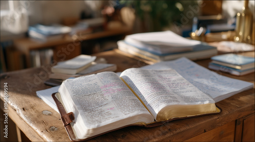 Journal pages filled with crossed out scripture notes and questioning annotations on weathered desk, theological deconstruction and belief examination process, perfect for faith questioning, persona