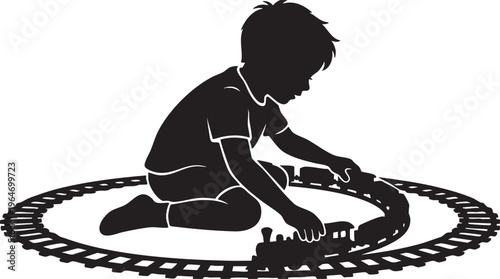 Silhouette of a happy young boy engrossed in imaginative play with his toy train set, creating a joyful childhood scene