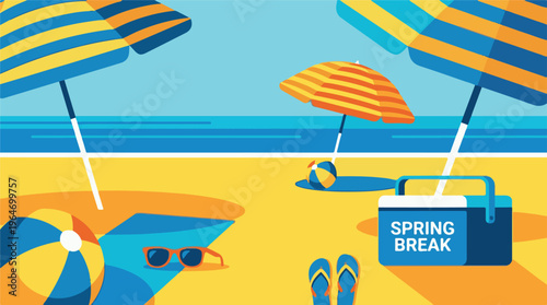Vibrant beach illustration with spring break text, umbrellas, sand, and sea