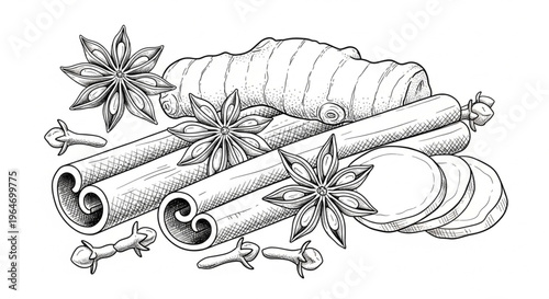 Hand drawn spice set with cinnamon sticks, star anise, ginger, and cloves.