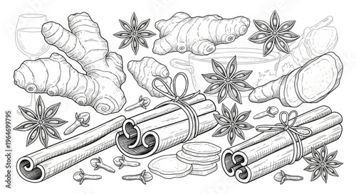 Hand-drawn line art illustration of winter spices: ginger, cinnamon sticks, star anise, and cloves.