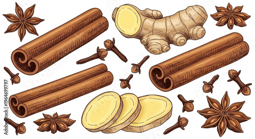 Hand-drawn engraving illustration of various aromatic spices including cinnamon sticks, ginger root, cloves, and star anise on white background.