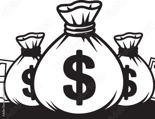 Three heavy money bags with dollar currency symbols representing wealth accumulation and financial success in bold black and white line art
