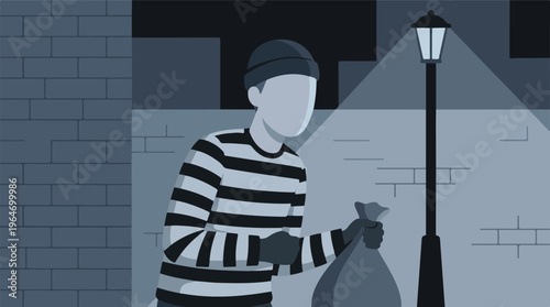 Burglar or thief in striped shirt carrying a bag in dark alley at night