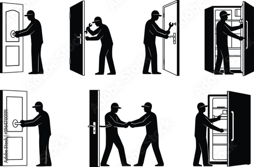 Burglar breaking door lock and stealing valuables silhouettes showing home intrusion, crime scene, robbery process, illegal entry, security risk, theft concept illustration