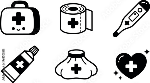 Black and white medical icons set first aid kit bandage thermometer cream heart health