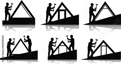 Construction workers installing roof truss silhouettes showing building process, carpentry work, hammering structure, teamwork, residential construction, engineering framework concept