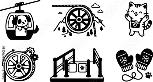 Black and white line art dog in gondola cat with camera and winter mittens