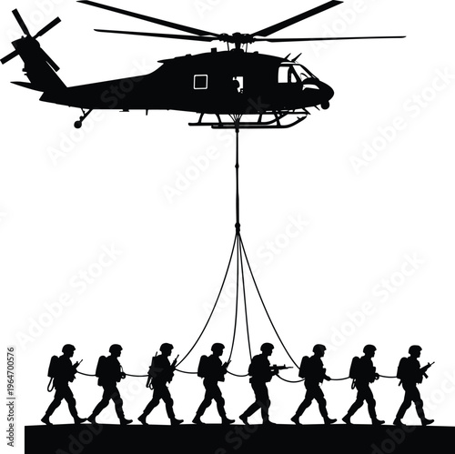 Military helicopter fast rope insertion silhouette with soldiers descending in line, special forces operation, tactical deployment, airborne mission, combat training, defense concept