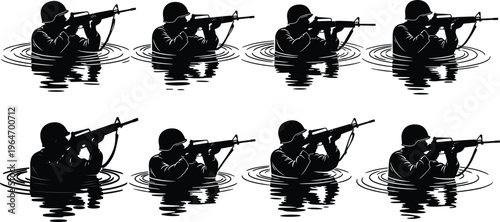 Soldier aiming rifle in water silhouette showing amphibious combat, tactical operation, military training, stealth movement, armed forces, battlefield scenario concept