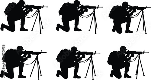 Soldier with machine gun silhouette sequence showing military combat stance, tactical shooting position, armed forces training, defense, battlefield equipment, security concept
