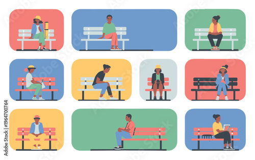 Nine diverse individuals are seated on park benches, each engrossed in their own activities.