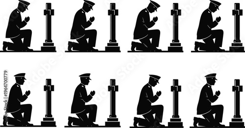 Soldier kneeling at grave silhouette showing military tribute, remembrance, mourning, respect for fallen hero, memorial ceremony, honor and sacrifice concept
