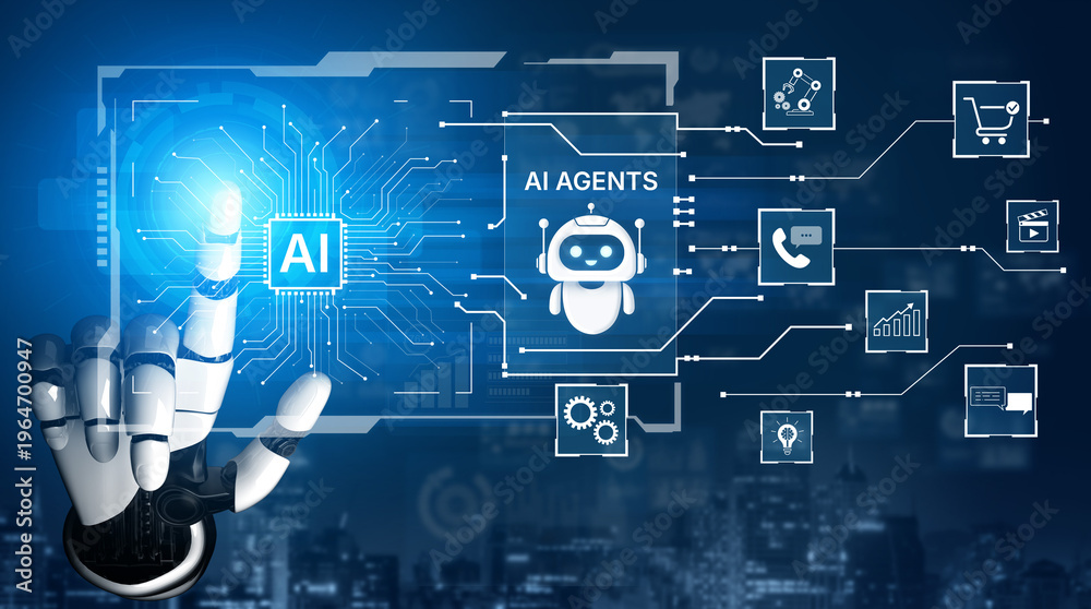 Fototapeta premium AI agents power automation for commerce, customer service, analytics and media operations, connecting tools and data to deliver faster decisions and scalable digital transformation. Corpus