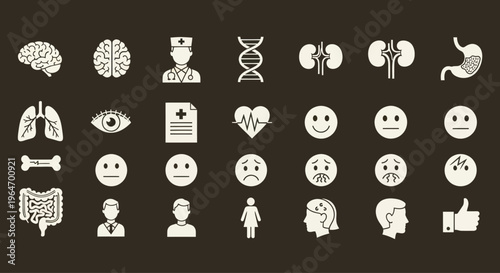 Medical Icons Set: Brain, Doctor, DNA, Kidneys, Stomach, Lungs, Eye, Heartbeat