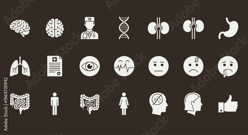 Medical Icons Set: Brain, Doctor, DNA, Kidneys, Stomach, Lungs, Health