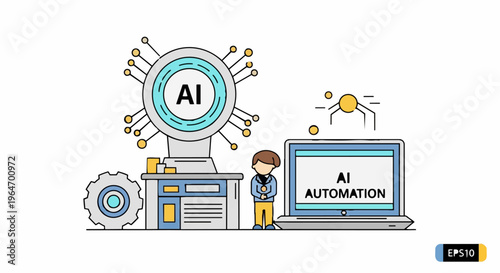 AI Automation Concept - Man Standing Before AI Machine and Laptop.