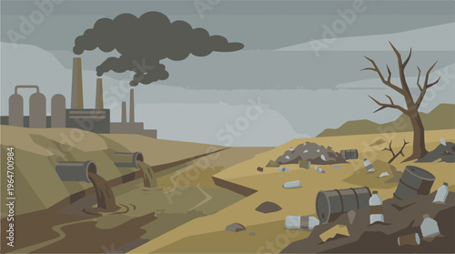 Industrial pollution scene: factory smoke, toxic water, and garbage in nature